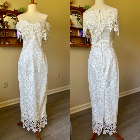☾ Vintage Jessica McClintock ivory lace tea length off shoulder wedding dress - Picture 2 of 8